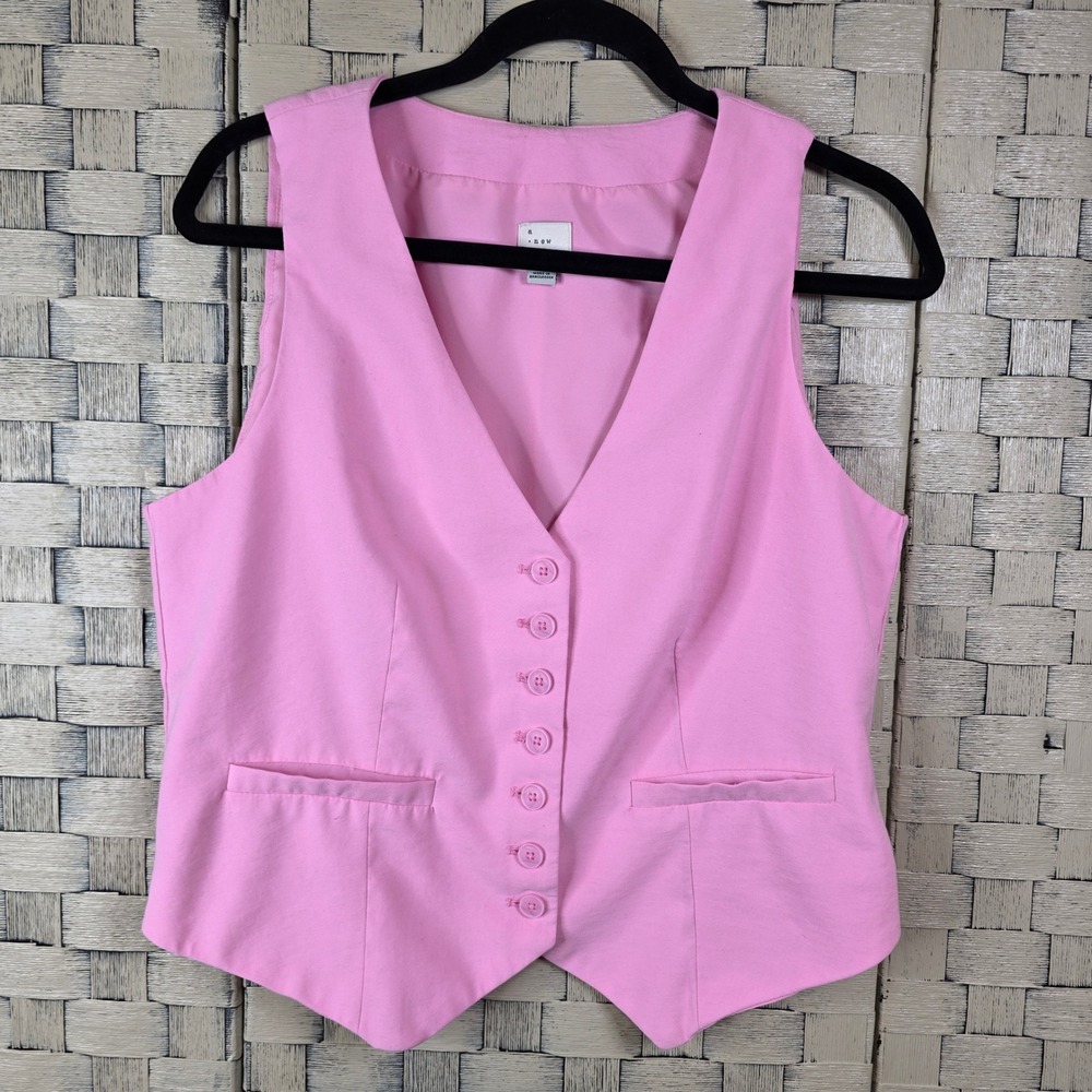 A New Day Vest Women M Pink Button Front V-Neck Sleeveless Lined